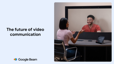 Hero image featuring two people engaged in a dynamic video call using Google Beam, emphasizing its role in the future of communication.
